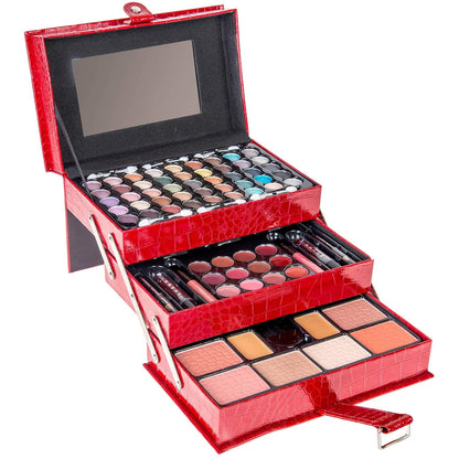 Comprehensive Makeup Collection: 67 Color Eyeshadow Palette, Blushes, Face Powder, Lipsticks, Eyeliners, Makeup Pencils, and Cosmetics Mirror - Includes Reusable Beauty Organizer Train Case - Red