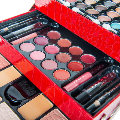 Comprehensive Makeup Collection: 67 Color Eyeshadow Palette, Blushes, Face Powder, Lipsticks, Eyeliners, Makeup Pencils, and Cosmetics Mirror - Includes Reusable Beauty Organizer Train Case - Red