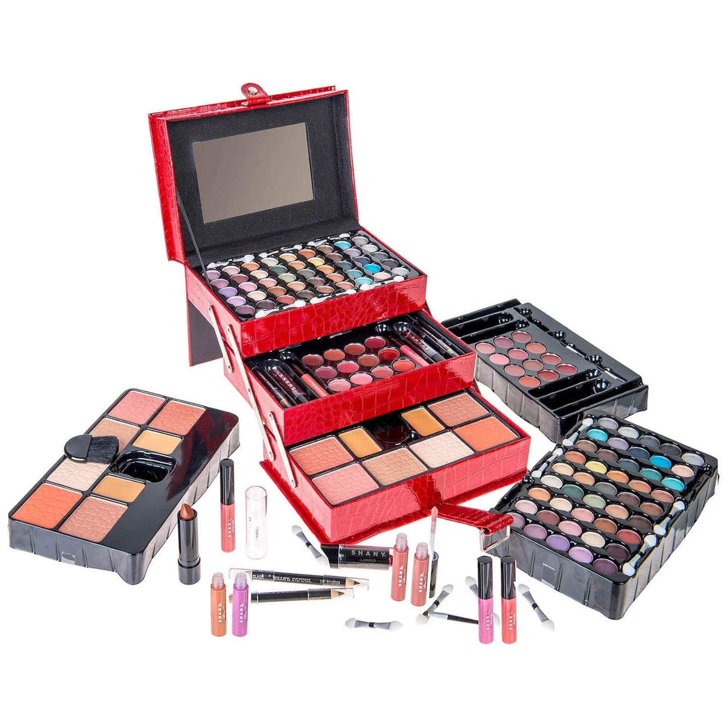 Comprehensive Makeup Collection: 67 Color Eyeshadow Palette, Blushes, Face Powder, Lipsticks, Eyeliners, Makeup Pencils, and Cosmetics Mirror - Includes Reusable Beauty Organizer Train Case - Red