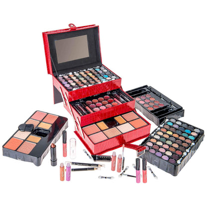 Comprehensive Makeup Collection: 67 Color Eyeshadow Palette, Blushes, Face Powder, Lipsticks, Eyeliners, Makeup Pencils, and Cosmetics Mirror - Includes Reusable Beauty Organizer Train Case - Red