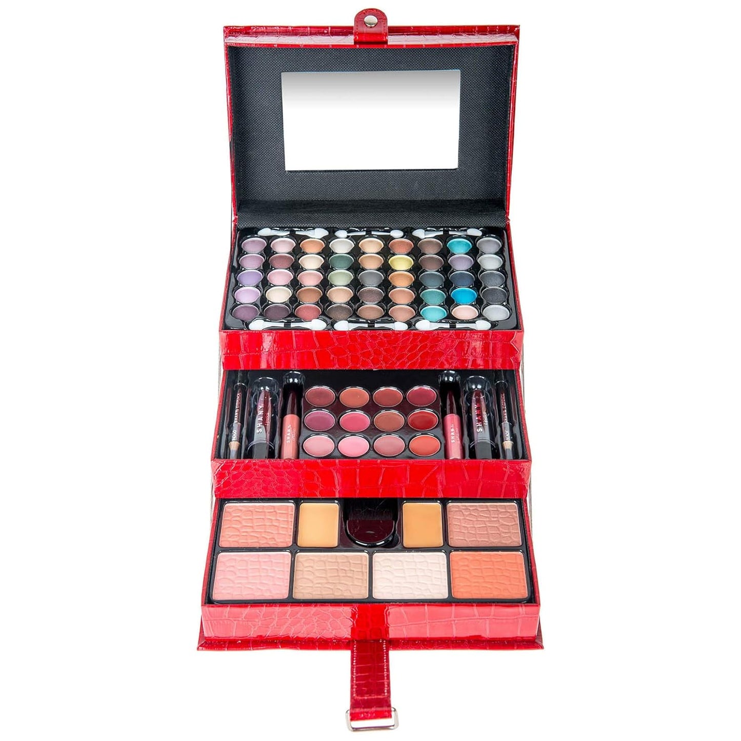 Comprehensive Makeup Collection: 67 Color Eyeshadow Palette, Blushes, Face Powder, Lipsticks, Eyeliners, Makeup Pencils, and Cosmetics Mirror - Includes Reusable Beauty Organizer Train Case - Red