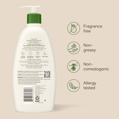 Daily Moisturizing Sheer Hydration Fragrance-Free Lotion with Prebiotic Oat for Dry Skin, Lightweight, Non-Greasy and Fast-Absorbing Body Lotion Nourishes Skin with 48-Hour Moisture, 18 Fl Oz